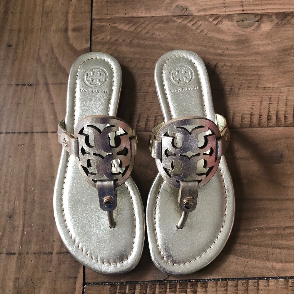 New Tory Burch Miller Leather Sandals Gold Size 5.5